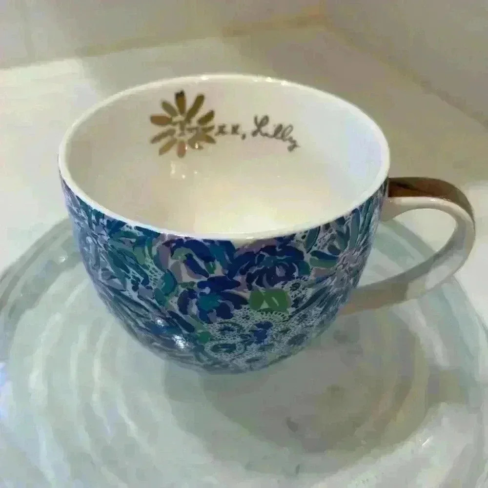 COPY - Lilly Pulitzer Mug Blue Floral Ceramic Gold Handle Coffee Cup Tea Cappuc… - Picture 2 of 10
